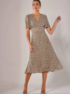 Chiffon Pleated Wrap Midaxi Dress, Black Cream