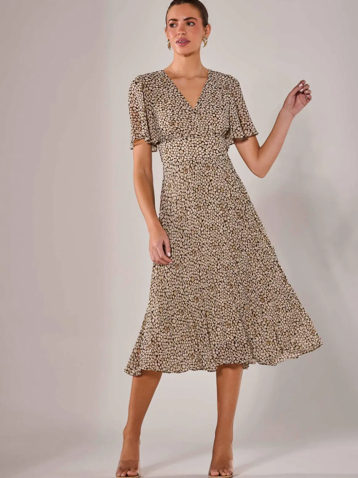 Chiffon Pleated Wrap Midaxi Dress, Black Cream