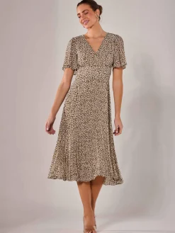 Chiffon Pleated Wrap Midaxi Dress, Black Cream