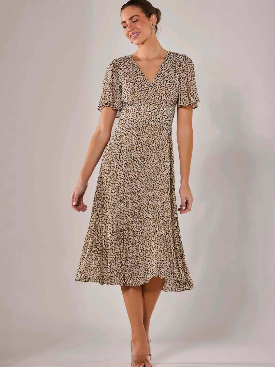Chiffon Pleated Wrap Midaxi Dress, Black Cream
