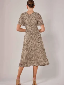 Chiffon Pleated Wrap Midaxi Dress, Black Cream