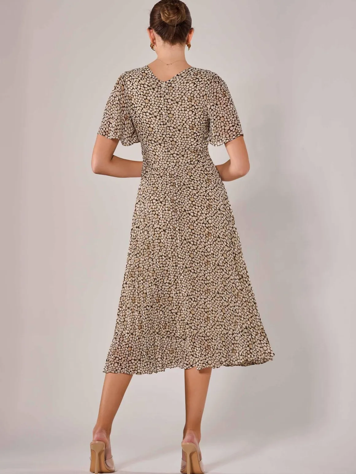 Chiffon Pleated Wrap Midaxi Dress, Black Cream