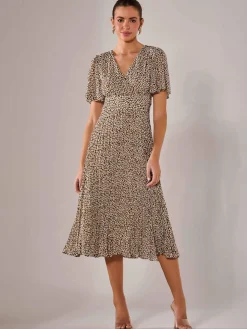 Chiffon Pleated Wrap Midaxi Dress, Black Cream