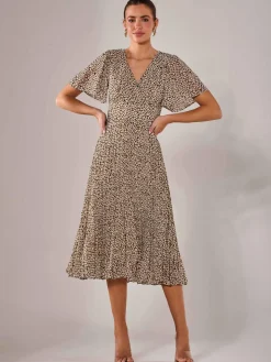 Chiffon Pleated Wrap Midaxi Dress, Black Cream