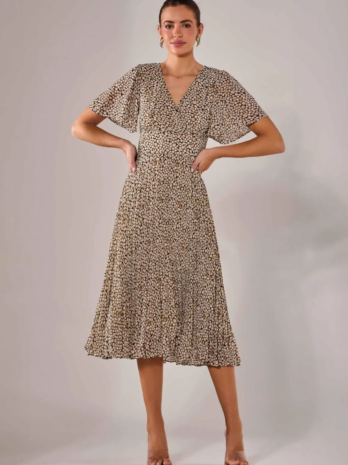 Chiffon Pleated Wrap Midaxi Dress, Black Cream