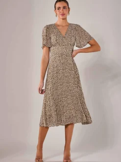 Chiffon Pleated Wrap Midaxi Dress, Black Cream
