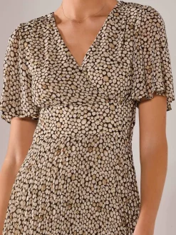 Chiffon Pleated Wrap Midaxi Dress, Black Cream