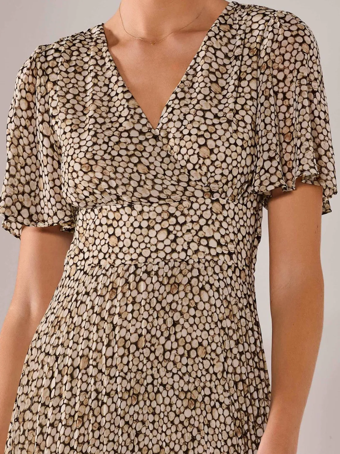 Chiffon Pleated Wrap Midaxi Dress, Black Cream