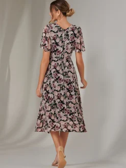 Chiffon Pleated Wrap Midaxi Dress, Black Floral