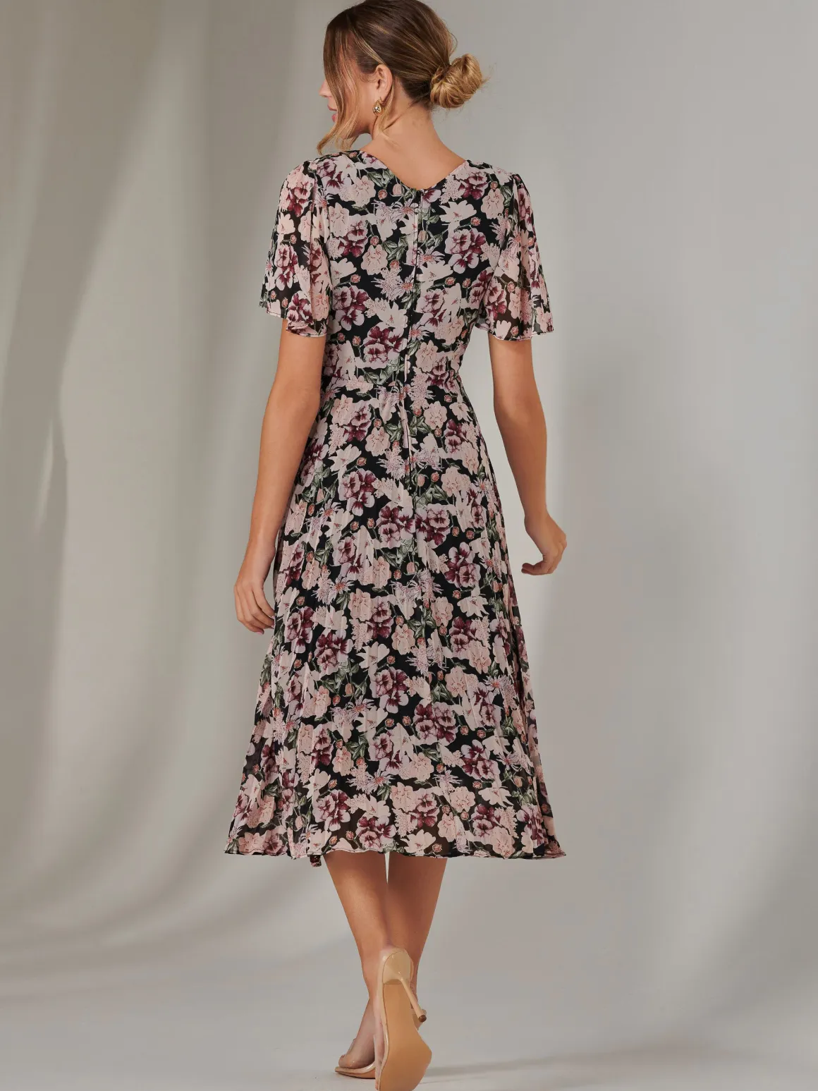 Chiffon Pleated Wrap Midaxi Dress, Black Floral