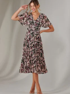 Chiffon Pleated Wrap Midaxi Dress, Black Floral