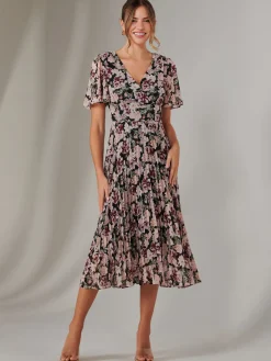 Chiffon Pleated Wrap Midaxi Dress, Black Floral