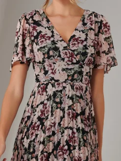 Chiffon Pleated Wrap Midaxi Dress, Black Floral