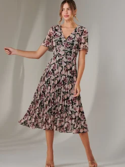 Chiffon Pleated Wrap Midaxi Dress, Black Floral