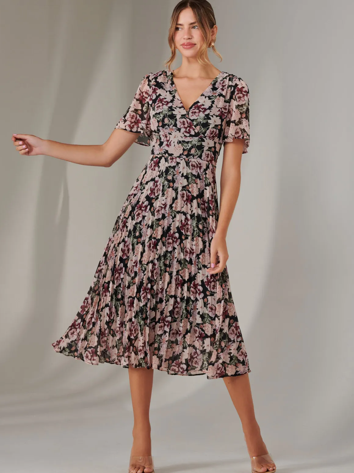 Chiffon Pleated Wrap Midaxi Dress, Black Floral