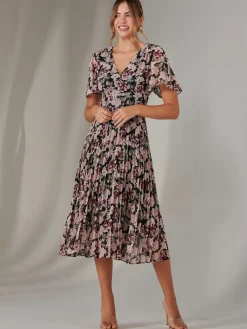 Chiffon Pleated Wrap Midaxi Dress, Black Floral