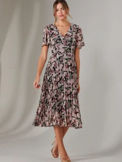 Chiffon Pleated Wrap Midaxi Dress, Black Floral