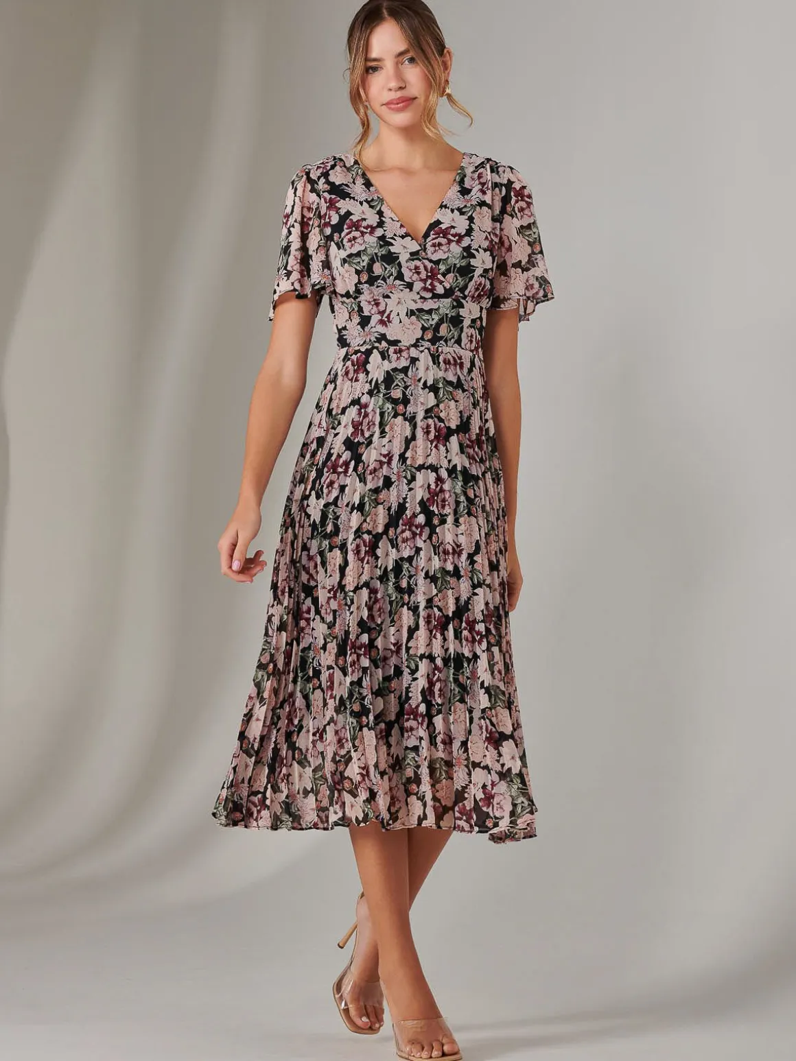 Chiffon Pleated Wrap Midaxi Dress, Black Floral