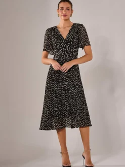 Chiffon Pleated Wrap Midaxi Dress, Black Pattern