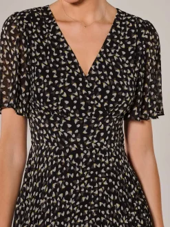 Chiffon Pleated Wrap Midaxi Dress, Black Pattern