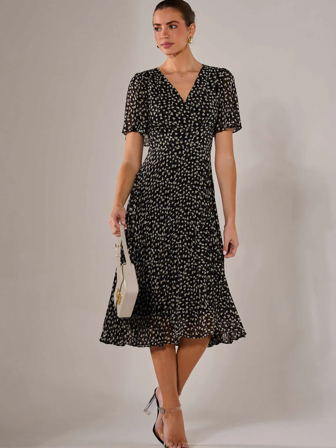 Chiffon Pleated Wrap Midaxi Dress, Black Pattern