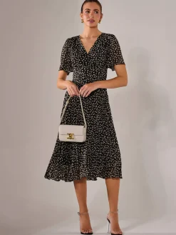 Chiffon Pleated Wrap Midaxi Dress, Black Pattern