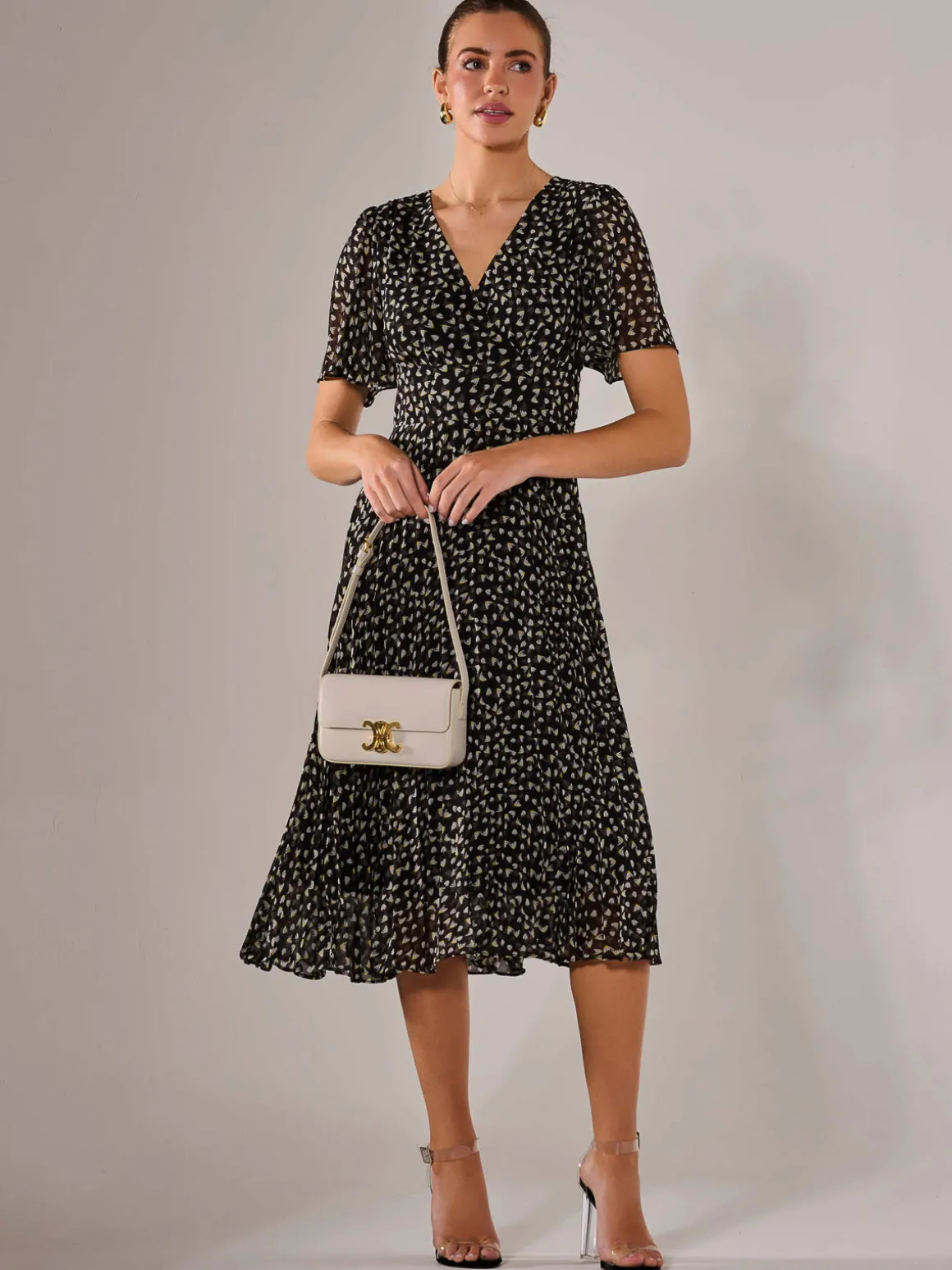 Chiffon Pleated Wrap Midaxi Dress, Black Pattern