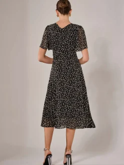 Chiffon Pleated Wrap Midaxi Dress, Black Pattern