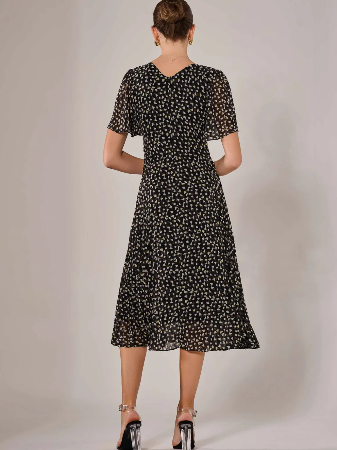 Chiffon Pleated Wrap Midaxi Dress, Black Pattern