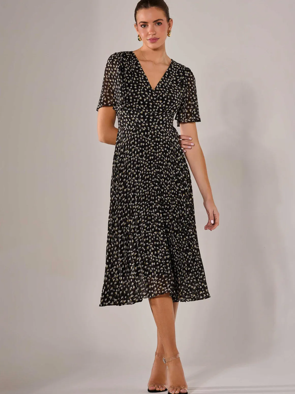 Chiffon Pleated Wrap Midaxi Dress, Black Pattern