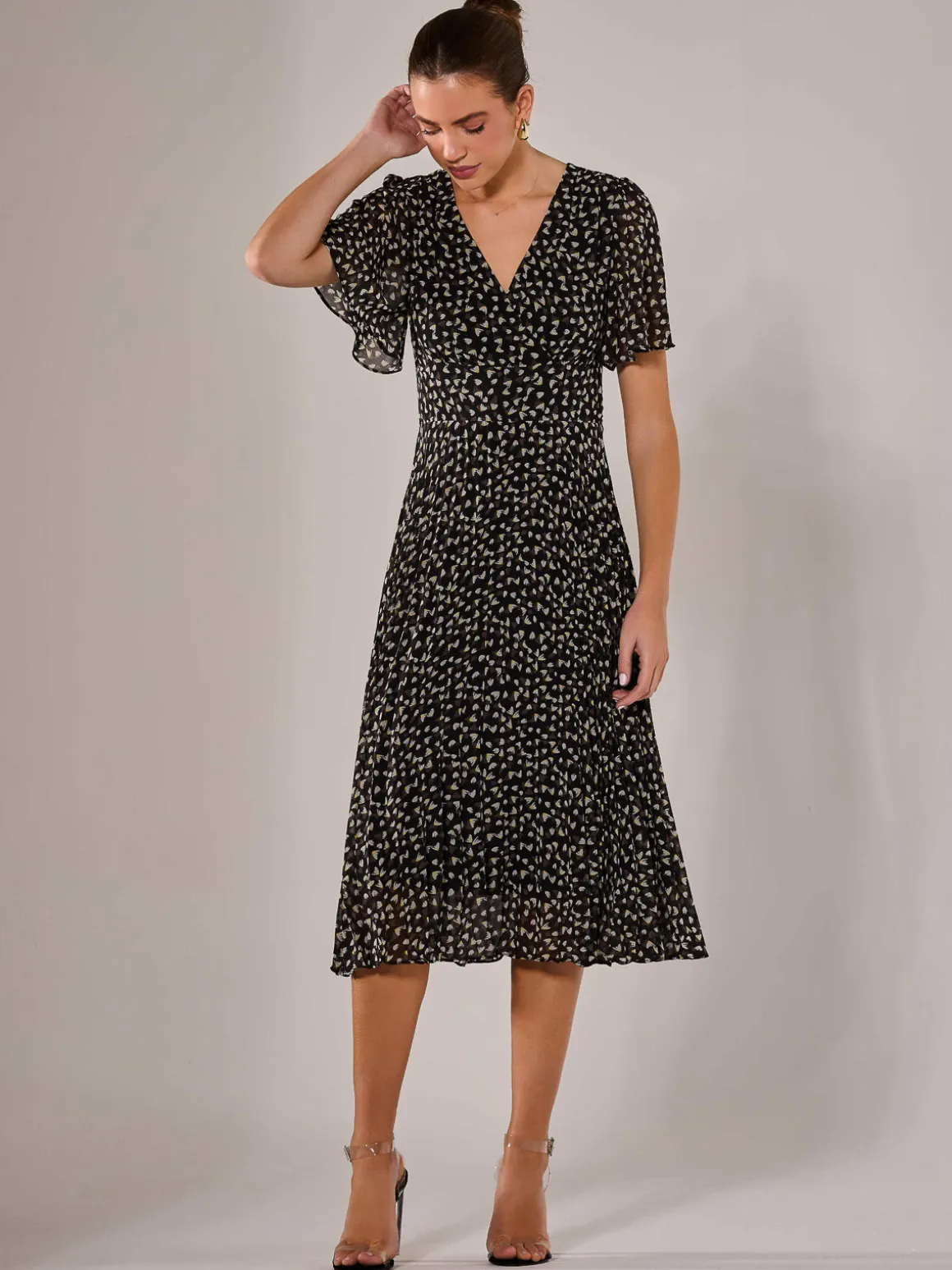Chiffon Pleated Wrap Midaxi Dress, Black Pattern