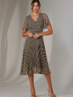 Chiffon Pleated Wrap Midaxi Dress, Cream Polka Dot