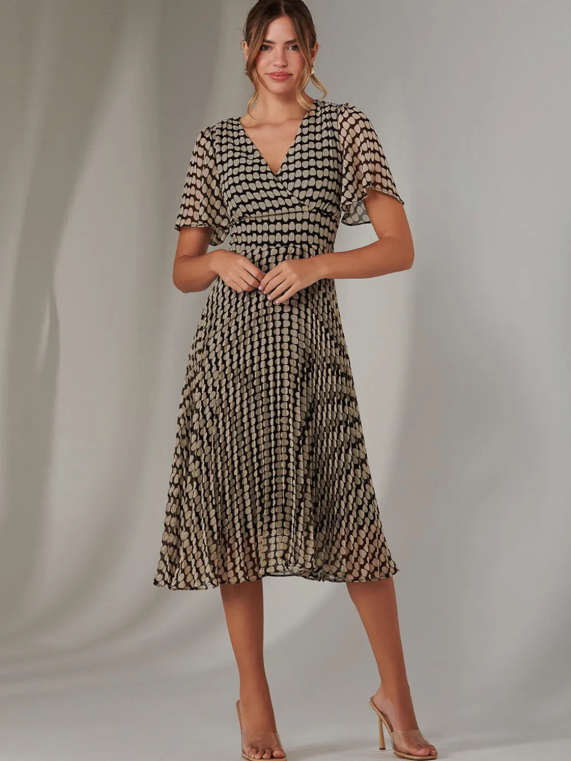 Chiffon Pleated Wrap Midaxi Dress, Cream Polka Dot