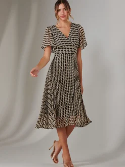 Chiffon Pleated Wrap Midaxi Dress, Cream Polka Dot