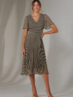 Chiffon Pleated Wrap Midaxi Dress, Cream Polka Dot
