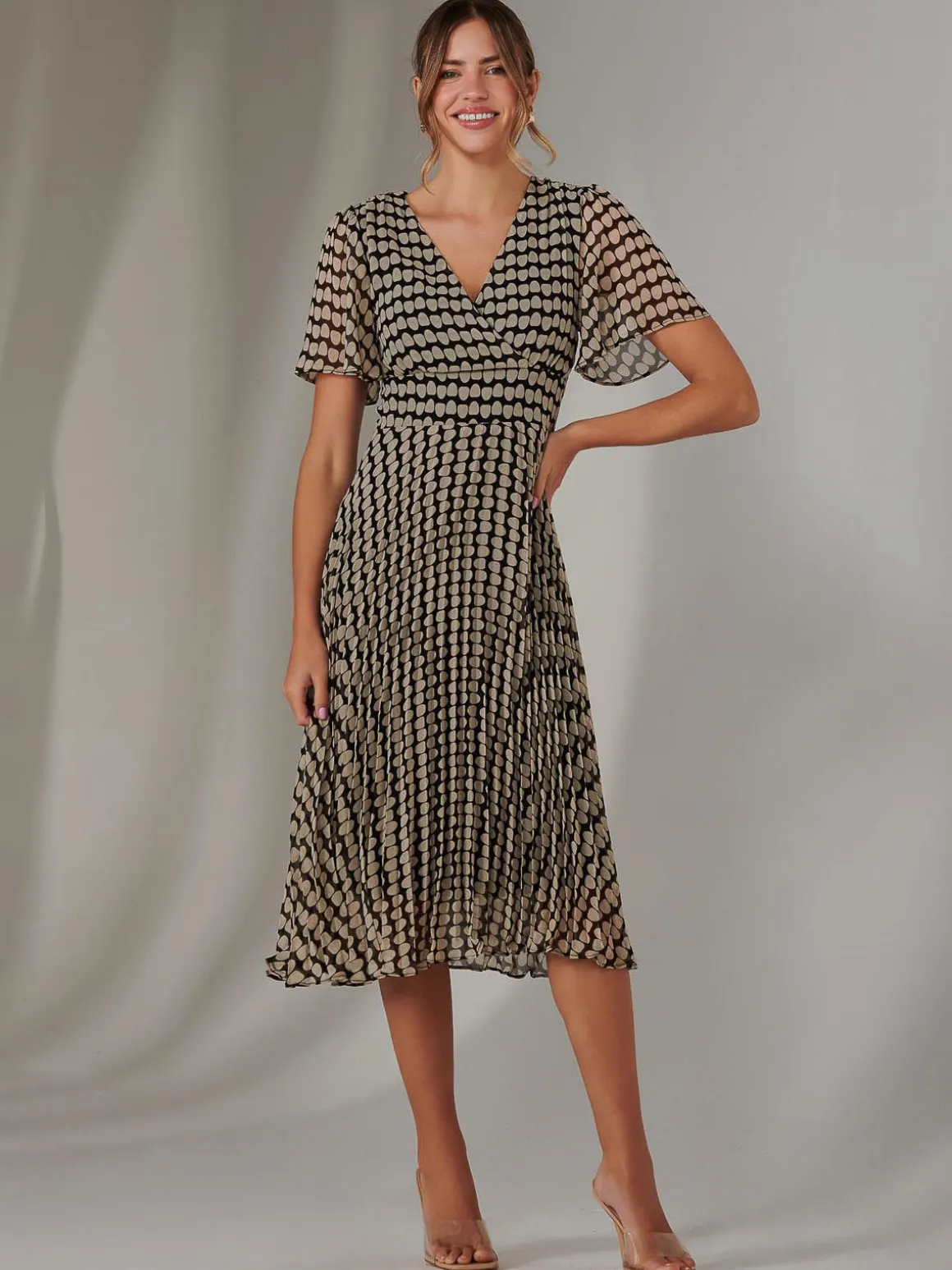 Chiffon Pleated Wrap Midaxi Dress, Cream Polka Dot