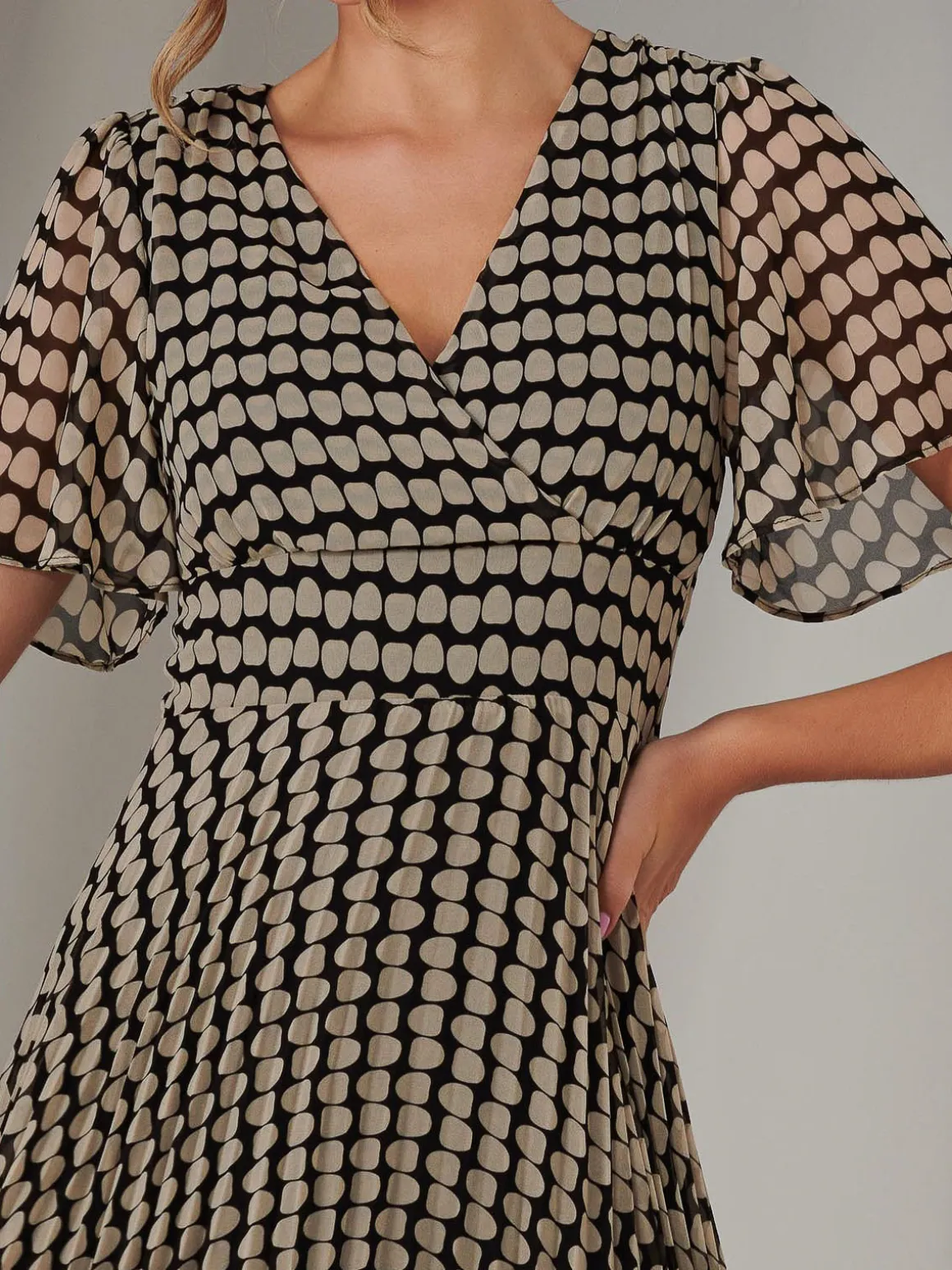 Chiffon Pleated Wrap Midaxi Dress, Cream Polka Dot