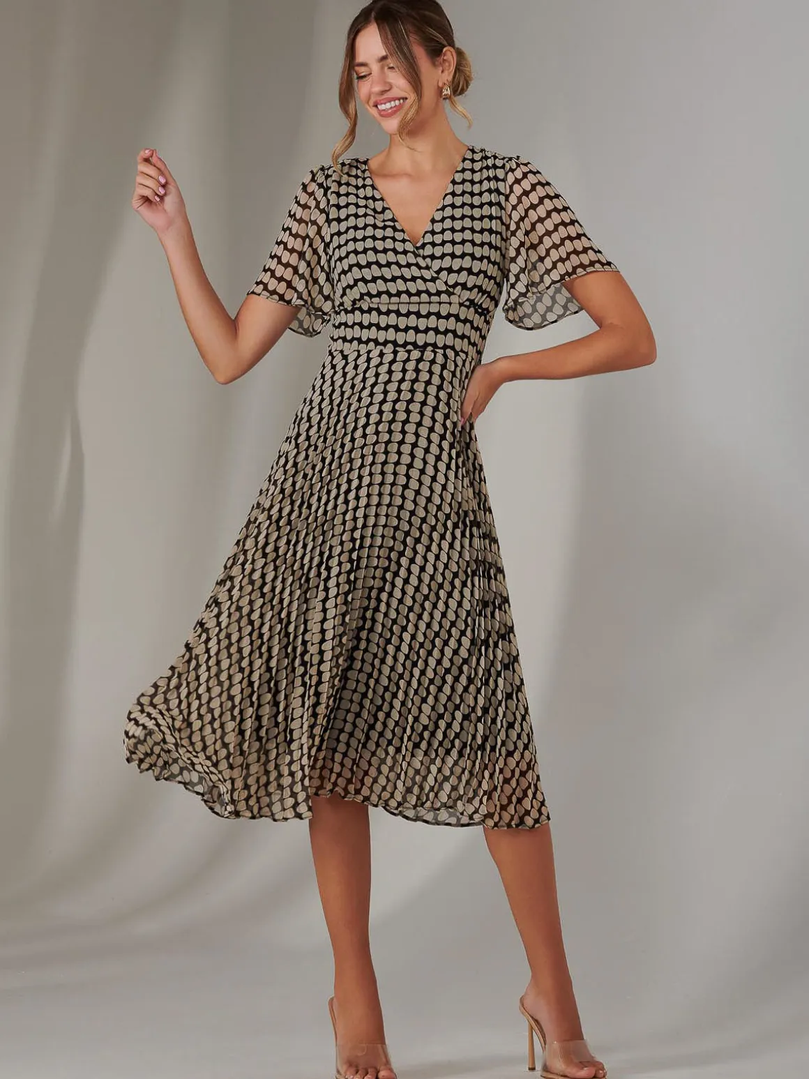 Chiffon Pleated Wrap Midaxi Dress, Cream Polka Dot