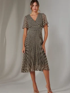 Chiffon Pleated Wrap Midaxi Dress, Cream Polka Dot