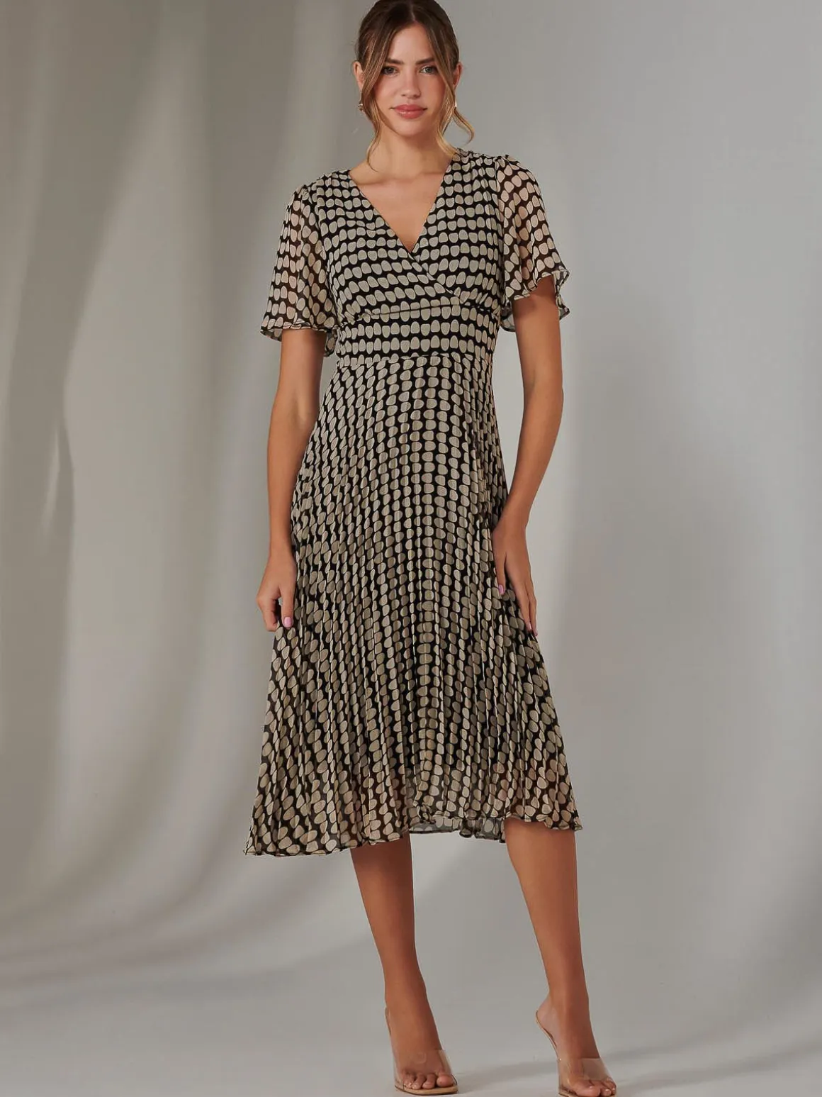 Chiffon Pleated Wrap Midaxi Dress, Cream Polka Dot