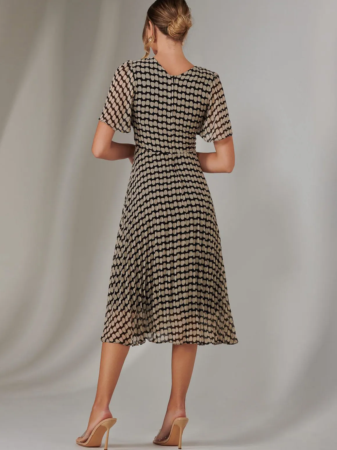 Chiffon Pleated Wrap Midaxi Dress, Cream Polka Dot