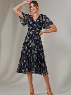 Chiffon Pleated Wrap Midaxi Dress, Multi Floral