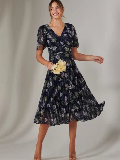 Chiffon Pleated Wrap Midaxi Dress, Multi Floral
