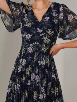 Chiffon Pleated Wrap Midaxi Dress, Multi Floral