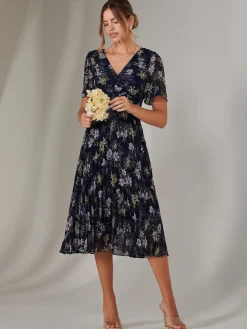 Chiffon Pleated Wrap Midaxi Dress, Multi Floral