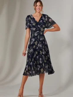 Chiffon Pleated Wrap Midaxi Dress, Multi Floral