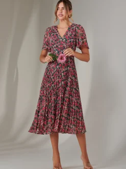Chiffon Pleated Wrap Midaxi Dress, Pink Floral