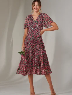 Chiffon Pleated Wrap Midaxi Dress, Pink Floral
