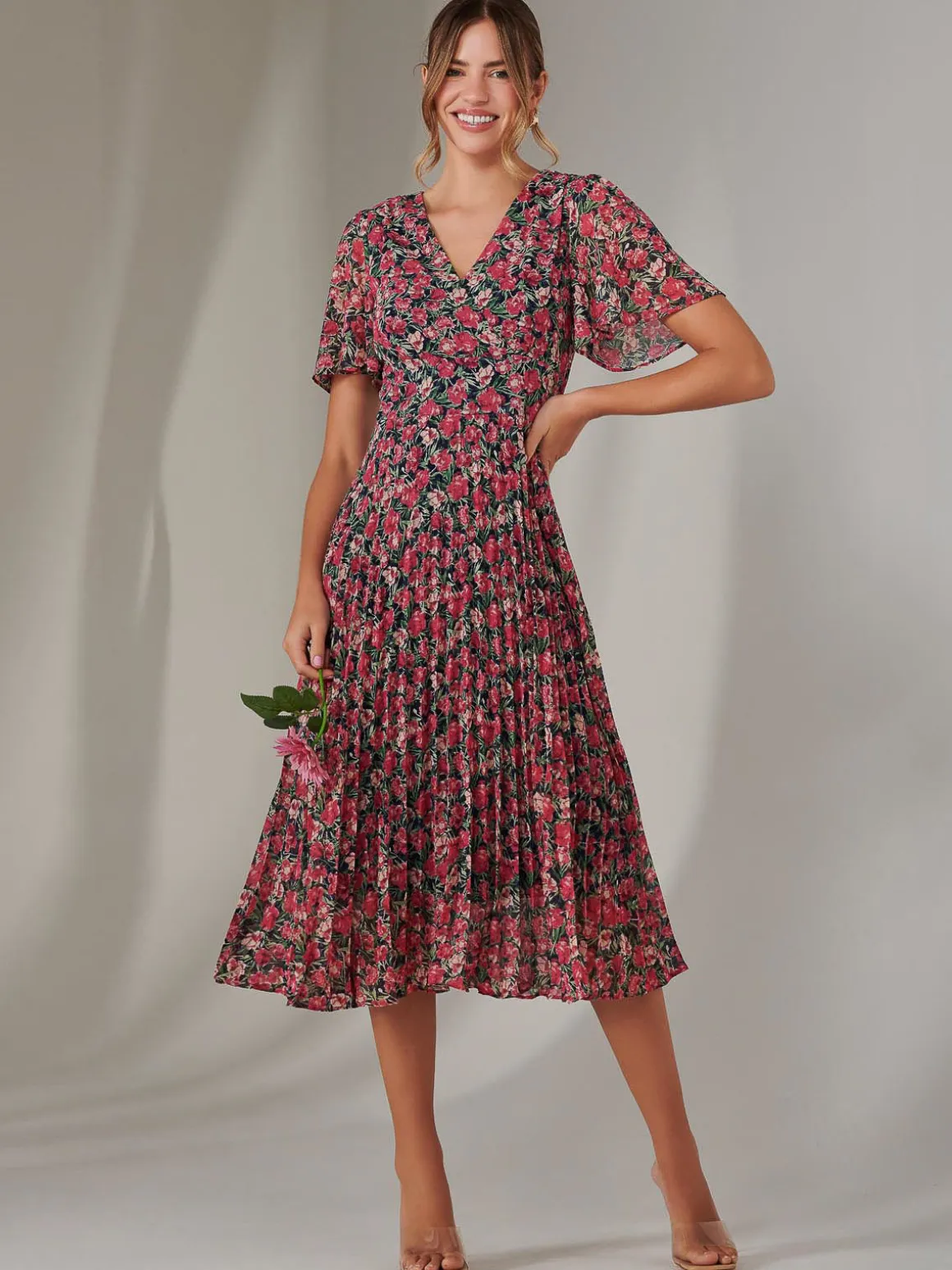 Chiffon Pleated Wrap Midaxi Dress, Pink Floral