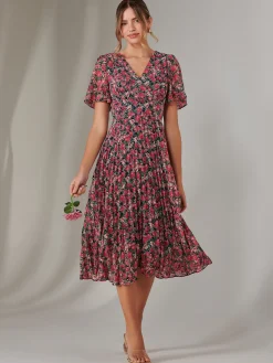 Chiffon Pleated Wrap Midaxi Dress, Pink Floral